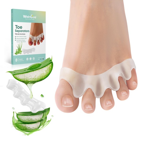 Welnove Toe Separators to Correct Bunions - 8 Pack Silicone Toe Spacers for Feet Men Women - Aloe Vera Infused Toe Straighteners for Bunion, Hammertoe - Toe Stretchers for Yoga Practice
