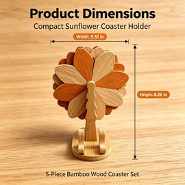 Sunflower Trivets for Hot Dishes, Set of 5 Petal Shaped Bamboo Hot Pads with Tree Stand, 5.5 Inch Heat Resistant Coaster Trivets for Teapots, Bowls and Small Pots, Farmhouse Kitchen Decor