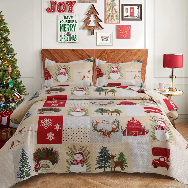 Christmas Snowmen Quilts Full/Queen Size Xmas Reindeer Bedspread Cardinals Car
