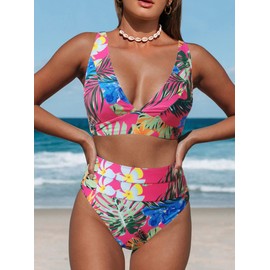 Hilinker Women's Leopard Bikini Swimsuits V Neck High Waisted 2 Piece Bathing Suits (as1, Alpha, x_l, Regular, Regular, Hot Pink Floral)