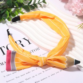 FULANSI Back to School Headband Cute Bow Hair Band Yellow Pencil Hair Accessories for Women Girls Stripe Pen Big Bowknot Hair Hoop Students Teachers Outfits Headband First Day of School Decor 1PCS