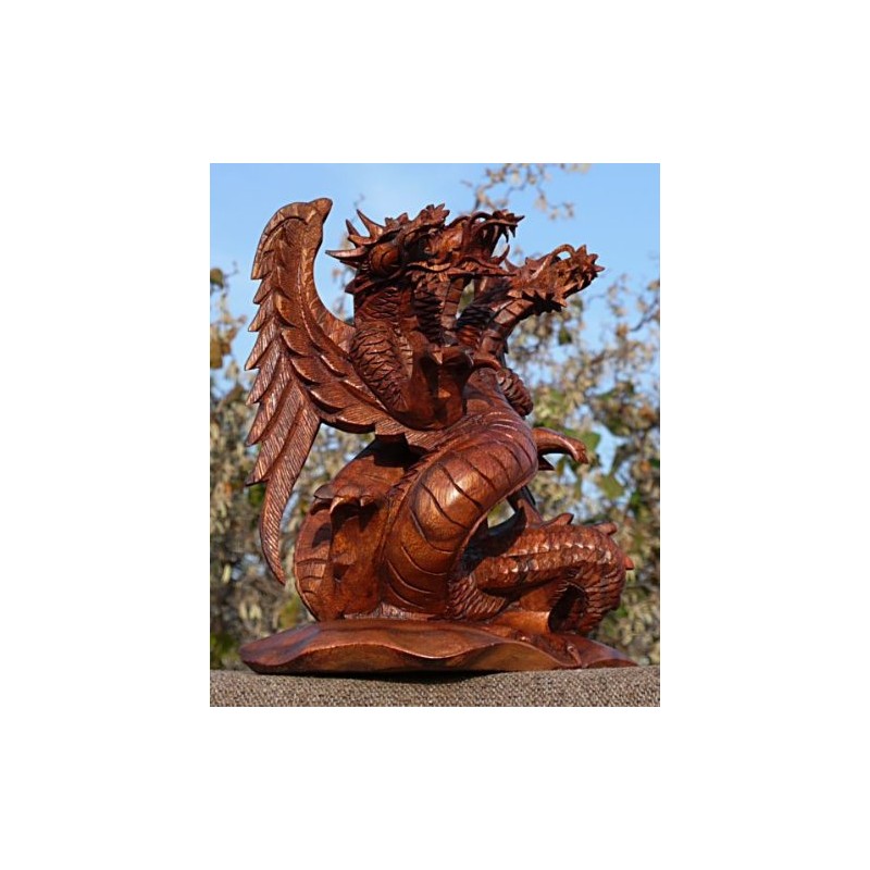 Wogeka 20 cm Three Head Lucky Dragon Wooden Dragon FENG