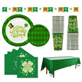 Gatherfun St Patrick's Day Party Supplies Green Shamrocks Green Plaid Disposable Paper Plates, Napkins, Cups, Tablecloth and Banner for Green Irish Party Decorations Serve 30 | Gatherfun