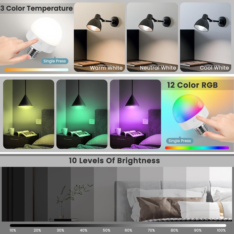 Rechargeable Battery Operated Light Bulb with Remote, Last 18-50 Hours