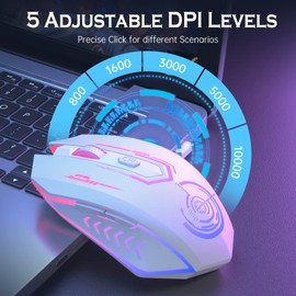 UHURU Gaming Mouse, Wireless Gaming Mouse with 6 Buttons 7 Changeable LED Color up to 10000 DPI, Rechargeable USB Gamer Mouse for PC Laptop (White)