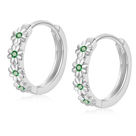 Sterling Silver Hoop Earrings for Women, Dainty Small Huggie Hoop Earrings | Hypoallergenic Daisy Green Cubic Zirconia Flower Hoops Earring Jewellery Gifts for Ladies Girls Birthday Wedding, 12mm Hoop