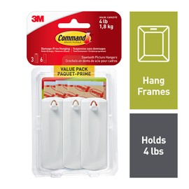 Command Sawtooth Picture Hangers, Damage Free Hanging Frame Hangers, No Tools Wall Hooks for Hanging Sawtooth Frames in Living Spaces, 3 White Picture Frame Hangers and 6 Command Strips