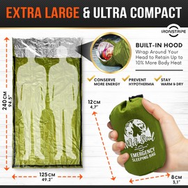 Ironstripe Bivy Sack Sleeping Bag Extra Large 94'' x 48'' Built-in Hood, Survival Sleeping Bag with Emergency Whistle, Thermal Mylar Tear & Puncture-Resistant Emergency Bivy Bag