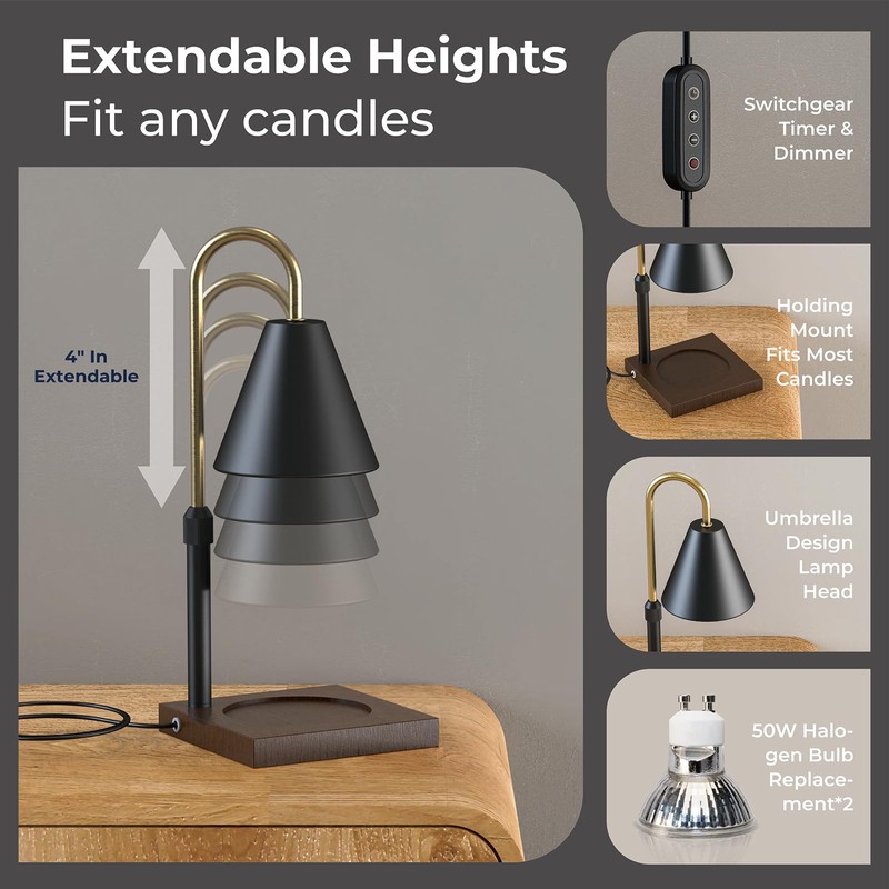 Adjustable Candle Warmer Lamp with Timer, Height and Brightness Control,