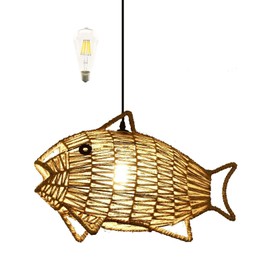 AyshwillDec Woven Pendant Light Boho Chandelier Fish-Shaped Rustic Farmhouse Chandelier Hemp Rope Light Rattan Light Fixture for Dining Room Living Room Bedroom Kitchen Foyer(Bulb Included)
