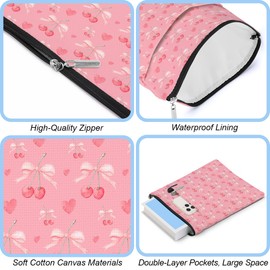 Book Sleeve Books Protector Books Pouch Book Lovers Gifts Bookish Gifts Waterproof Cover with Zipper for Pink Bow Cherry Printed Gift Bag for Women Teacher Reader Coworker Friendship Christmas