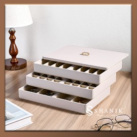 Shanik Stackable Jewelry Tray Organizers, 3 Pc. Set, Cute Designer Storage with Soft Velvet Surfaces to Protect Rings, Necklaces, Bands, and Earrings, Custom Display, Large Capacity, Grey