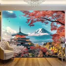 FENDROM Japanese Pink Sakura Tapestry Cherry Blossoms Temple Mountain Fuji Japan Wall Hangings Tapestry for Bedroom Living Room Dorm