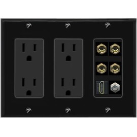 RiteAV 4 Port Banana 2 Speaker Binding Post HDMI Coax Wall Plate - 3 Gang 2 Outlet [Black/Black]