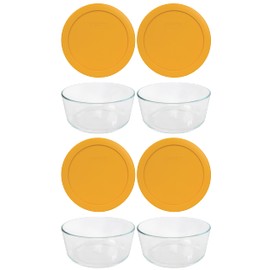 Pyrex (4) 7203 7-Cup Glass Bowl & (4) 7402-PC Lemon Drop Yellow Lid - Made in the USA