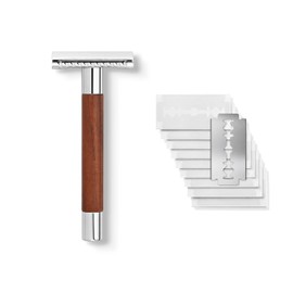 Störtebekker® Solingen Premium Safety Razor with Walnut Wooden Handle - Includes Shaving Guide [10 Störtebekker Blades] - Gift Idea - Premium Quality Stainless Steel Wet Razor Set - Made in Germany