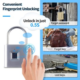 TenixLox Fingerprint Padlock with Emergency Key, Mini Smart Padlock Keyless USB Charging Biometric Padlock for Gym, School, Furniture, Luggage, Warehouse