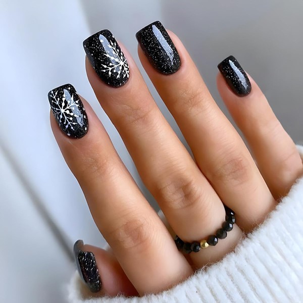 Snowflake Press on Nails Christmas Short Square Fake Nails, Black