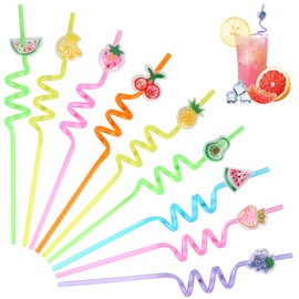 Pack of 9 Children's Reusable Straws, Plastic, Novelty Curly Straws, Party Straws, Colourful Fruit Straws for Birthday, Christmas, Decorations, Party Accessories