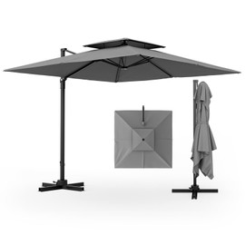 Tangkula 9.5 FT Cantilever Patio Umbrella, Outdoor Square Offset Umbrella with 360°Rotation, Double Top Heavy Duty Patio Hanging Umbrella with Cross Base for Garden Deck Pool Backyard (Grey)