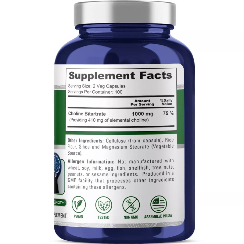 NusaPure Choline Bitartrate 1000 mg 200 Veggie Capsules (Vegetarian, Non-GMO)