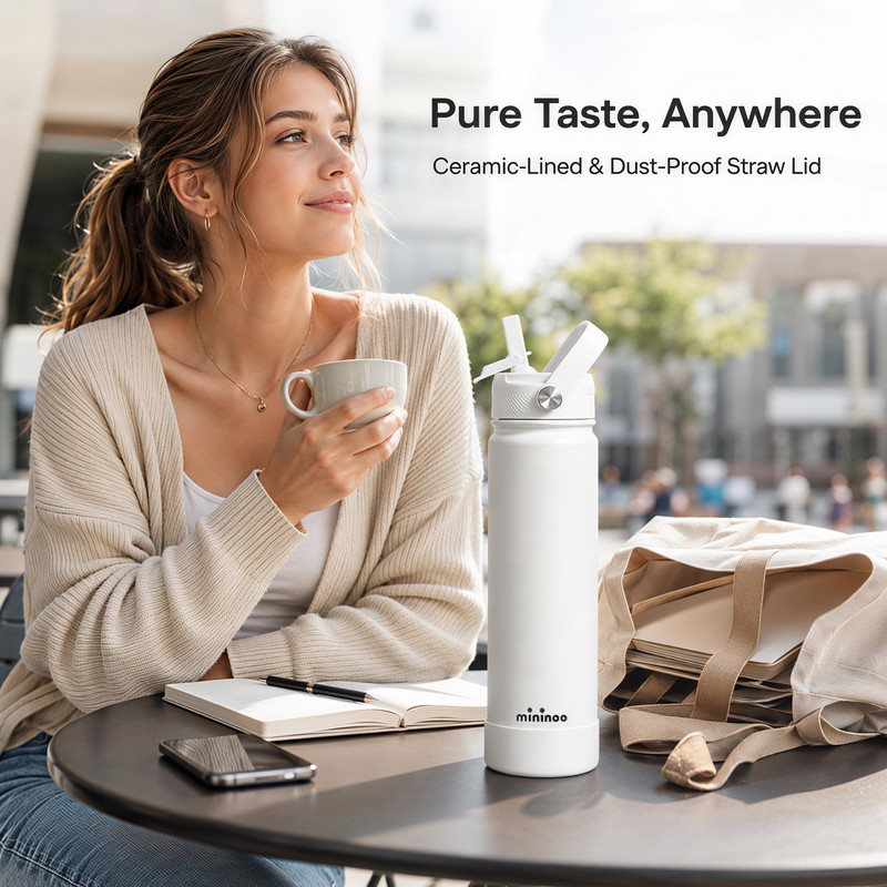 Mininoo 24 oz Insulated Ceramic-Lined Water Bottle with Straw, White
