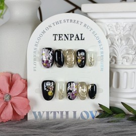TENPAL Black Gold Floral Cat Eye Short Oval Press On Nails With Tools,Glossy Glitter Hand-Painted Designs Glue on Nails, Acrylic Simple Retro Elegant Acrylic Fake Nails for Women,Chinese Nails(XS)