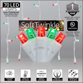 Wintergreen Lighting SoftTwinkle 70 Red/Green Pulsing Twinkle LED Icicle Christmas Lights, 7.5 ft White Wire Indoor/Outdoor Commercial Grade Holiday & Christmas Roof Lighting
