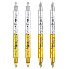 Dyvicl Metallic Marker Pens Dual Tip, Permanent Metallic Silver and Gold Paint Pens for Black Paper, Wine Glass, Rock Painting, Christmas Card Making, Scrapbook, DIY Crafts, Set of 4