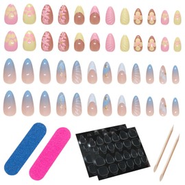 48pcs Press on Nails with 3D Flowers & Charms – 2 Different Style Summer Fake Nails Medium Almond Shape, Handmade Acrylic False Nails for Women, Beach Wedding Party Manicure (Flower)