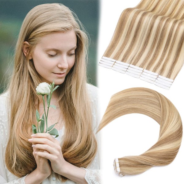 MY-LADY Tape in Hair Extensions Human Hair 22 Inch Golden Brown & Bleach Blonde Straight Brazilian Real Remy Hair for Women Balayage Seamless Skin Weft Glue Tape 20pcs 50g