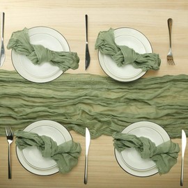 Juego de camino de mesa y servilletas de estopilla verde salvia, gasa estilo bohemio de 13 pies con 12 servilletas, decoración rústica arrugada para mesa para boda, cumpleaños, cenas
