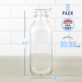 Kitchentoolz 33 Oz Square Glass Milk Bottles with Lids, Perfect Glass Milk Container for Refrigerator - 1 Liter (33 Ounce) Glass Milk Jugs with Tamper Proof Lid and Pour Spout - Pack of 2