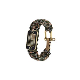 Patriotic Paracord Survival Bracelet for Men - Bronze US Flag Pendant Tactical Gear with Multi-Tool Functions, Adjustable Size (12-25cm), Green Camo Gold Thread Design