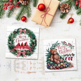 NOCTMETEOR 2Pcs Christmas Wall Art Wooden Sign, Christmas Cardinal Wreath Toy Bear Wall or Desk Decor for Home, 8x8 Inch