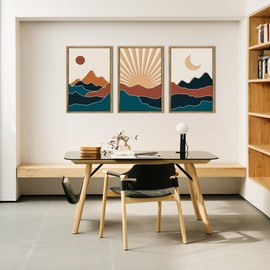 DRACIT Large Boho Mountain Wall Art Set Modern Abstract Bohemian Wood Wall Decor Colorful Mid Century Neutral Artwork Sun and Moon Art Decor for Living Room Bedroom Office-16x24Inch x3