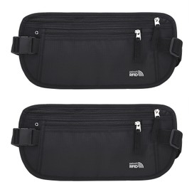 Unisex Money Belt For Men and Women, Slim Passport Holder RFID Blocking Travel Essentials Pouch with Adjustable Strap Small Waist Pouch for Workout Running Travelling Hiking (Black 2 Packs)
