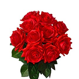 Mandy's Artificial Real-Touch 17" Red Silk Roses Flowers for Home Decoration Bridal Wedding Bouquet and Parties (Vase not Include)