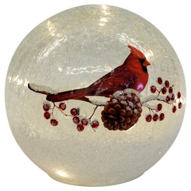 Mark Feldstein & Associates Cardinal on Pinecone Crackle Glass Small 6 Inch LED Light Up Globe Tabletop Decoration