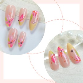 CJDLTS Flower Acrylic Nails Almond Shaped French Tip Press on Nails Medium Length Pink Floral Pattern Design Full Cover Glossy Artificial False Nail 24Pcs Press Ons Glue on Nails for Women