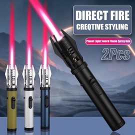 2pcs Creative Design Lighter, Butane Gas Direct Flame, Metal Material, 360 °   Use, Outdoor Windproof Turbo Torch Jet Light Ignition Gun, Camping BBQ Welding Supplies, Red Flame (Butane Gas Not Included), No Batteries - Color: Black + Silver