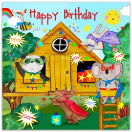 Twizler Birthday Card for Boys & Girls - Animal Superhero Treehouse - Childrens Happy Birthday Card for Kids