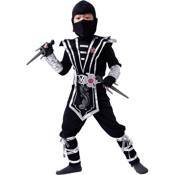 Spooktacular Creations Silver Ninja Deluxe Costume Set with Ninja Foam Accessories toys for Kids Kung Fu Outfit Halloween Ideas (S 5-7)