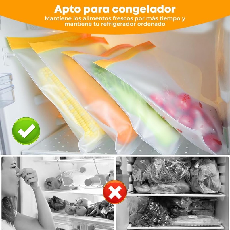 12Pcs Bolsas Reutilizables para Alimentos Herméticas y Ecológicas (Naranja, 28x26cm)