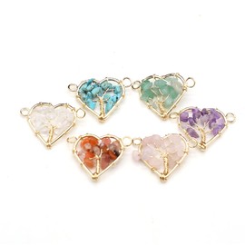 LE SKY 8 Pcs Natural Chip Stone Pendant Connectors Mixed Crystal Stone Wire hand knitting Heart Shape Life Tree Charms for Jewelry Making Necklace Bracelet DIY