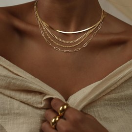 MFRYK Gold Necklaces Stack For Women,14K Gold Plated Simple Layered Choker Necklaces For Women,Stackable Multilayer Gold Rope Cuban Herringbone Snake Paperclip Chain Layering Necklaces Set For Women Jewelry Gift for Women