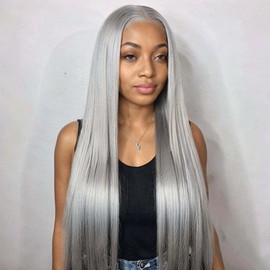 Mysyty Silver Grey Straight Transparent Lace Frontal Human Hair Wigs for Women Grey Human Hair Wig Pre Plucked 10A 13x4 HD Lace Front Wig with Baby Hair 22 Inch 180 Density