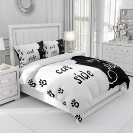UGZDEA Cat Side and My Side Duvet Cover Set 135x200cm, Bed Linen 3-Piece Set Black White Soft Microfibre Quilting Board Set for Adults Bedroom Decoration (Single（135x200cm）, B)