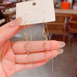 Gixaxak Fashion Long Earrings S925 Silver Needle Earrings Zircon Spiral Fringe Ear Thread Gold Threader Dangle Earrings Long Tassel Earrings Wedding Prom Earrings for Women Bridal