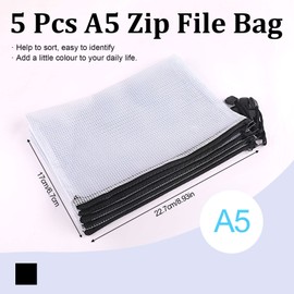 Pack of 5 Document Bags, A5 Document Bag with Zip, Dustproof Document Bag, Transparent, Mesh Bag, for Documents, Cosmetics etc. Storage (Black)